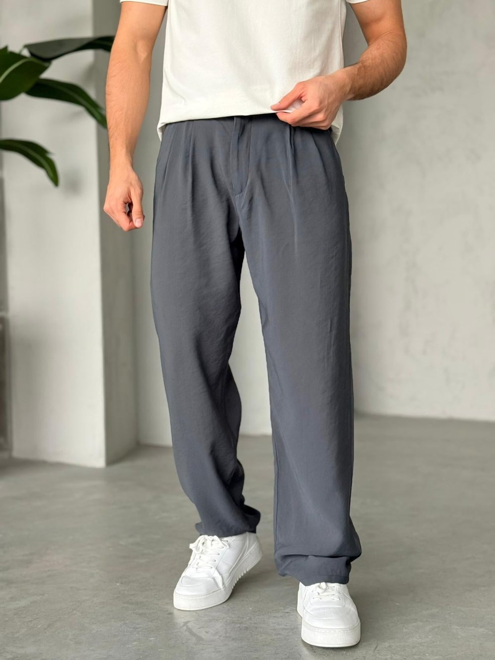 Pileli Tensel Kumaş Baggy Pantolon - Füme