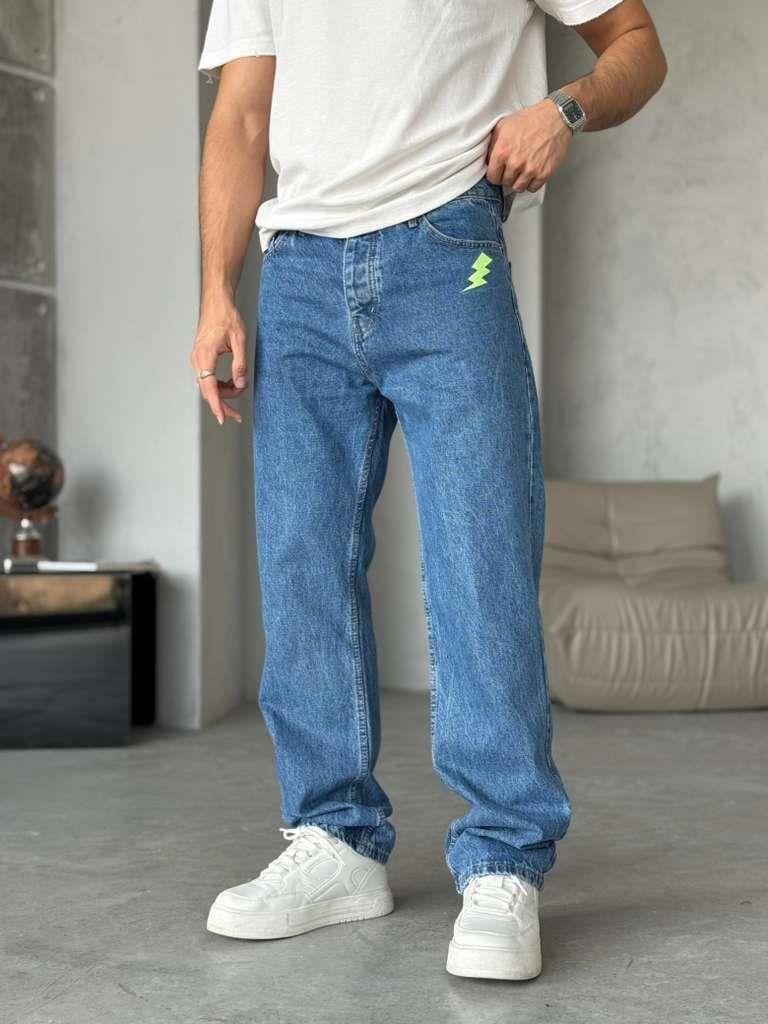ŞİMŞEK NAKIŞLI BAGGY KOT PANTOLON - Mavi