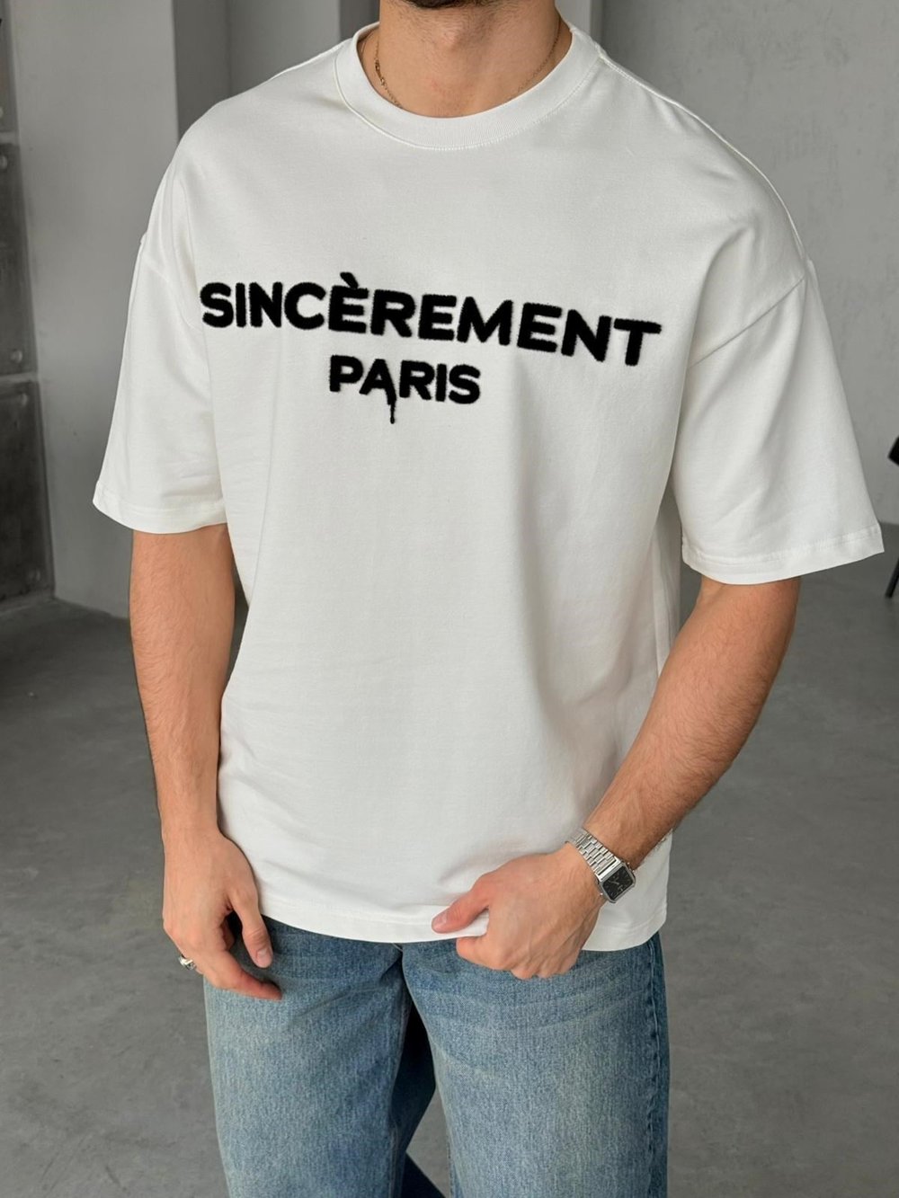 SINCEREMENT PARIS Flock Baskılı Oversize T-Shirt - Beyaz
