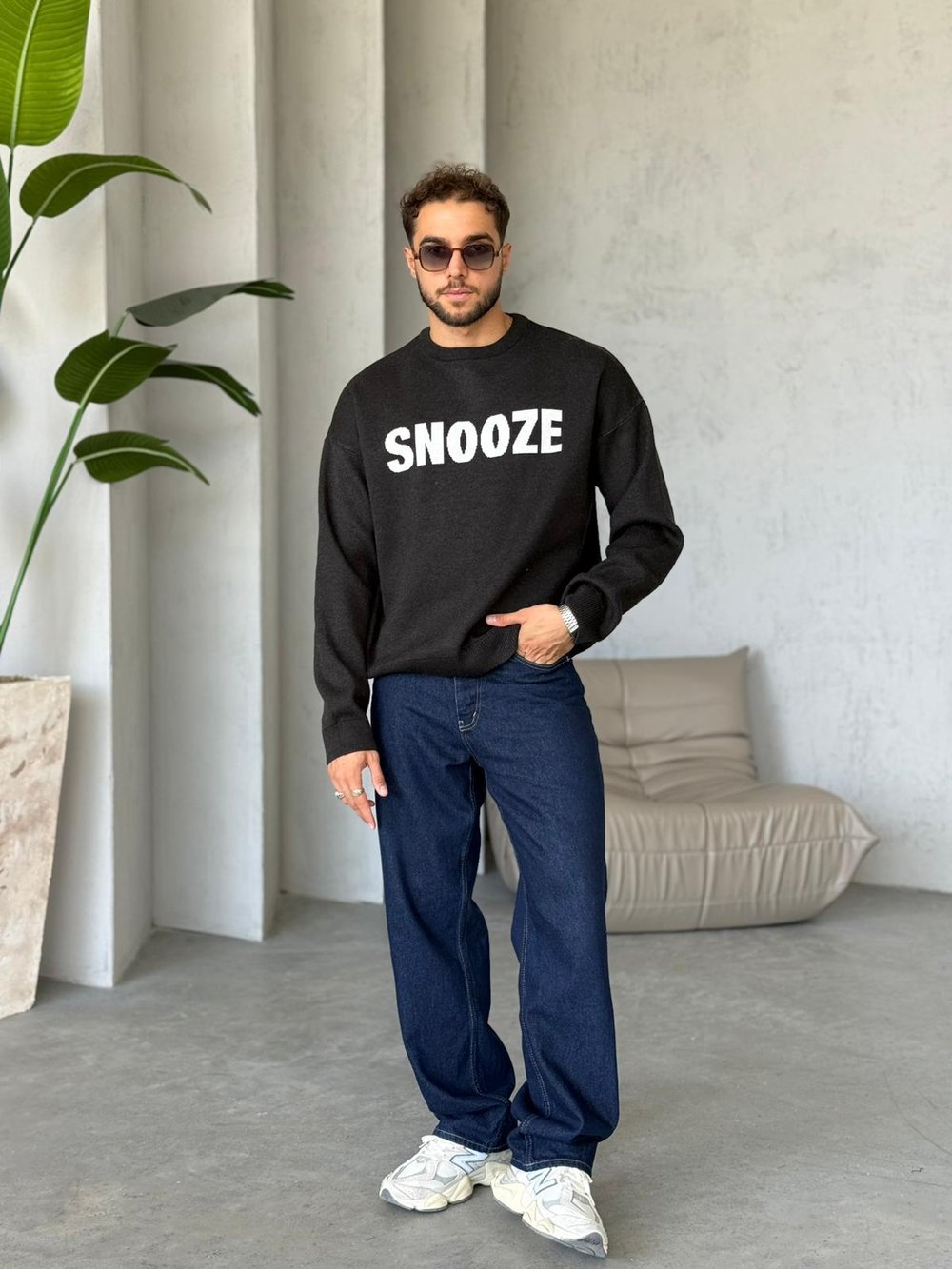Snoze Yazılı Oversize Triko Sweat Siyah