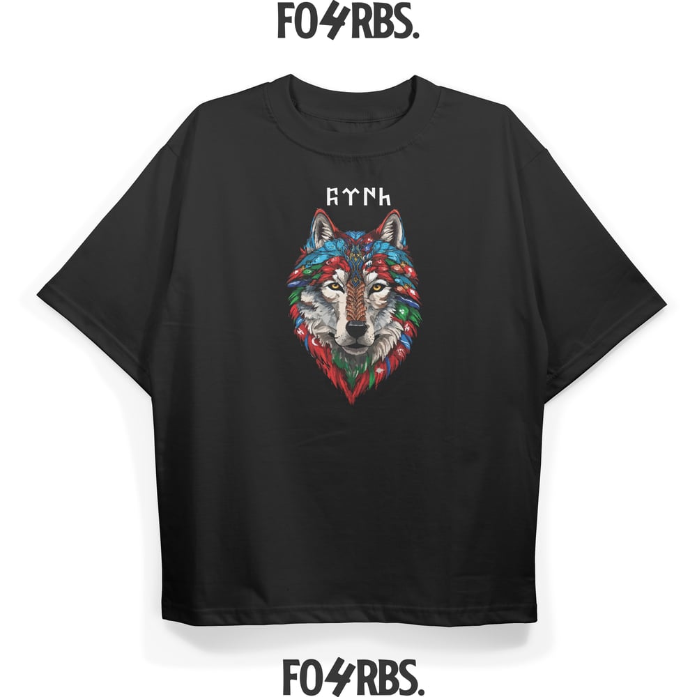 T1453 Wolf Baskılı Oversize Siyah Tshirt