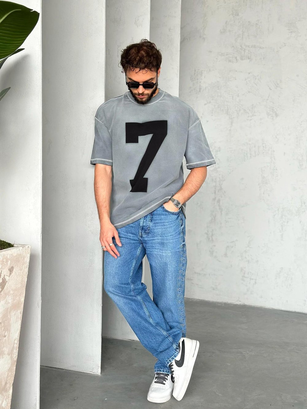 T2008 7 Baskılı Yıkamalı Oversize T-shirt Antrasit