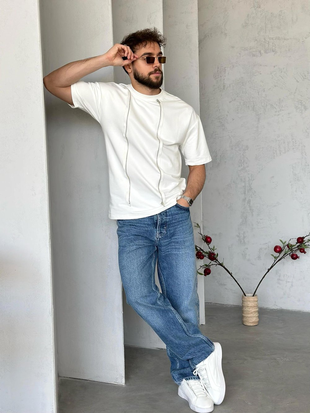 T505 Fermuar Detaylı Tasarım T-shirt Beyaz