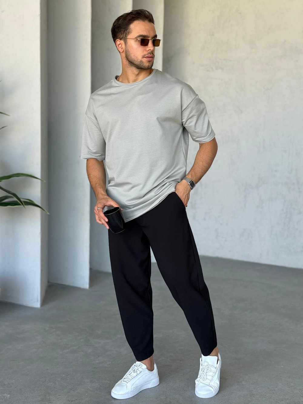 T6663 Yan Yırtmaçlı Oversize T-shirt Gri