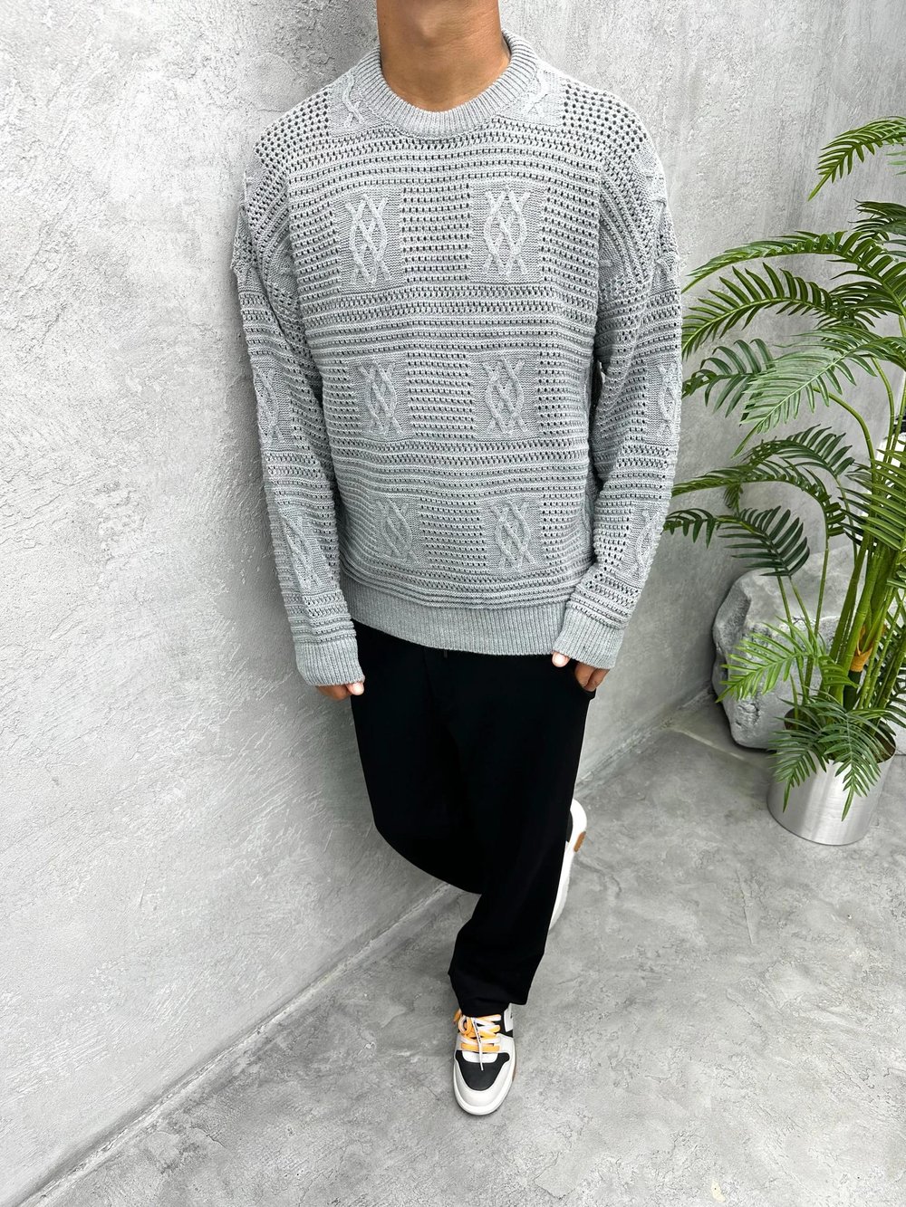 TR1048 OVERSIZE ÖRGÜ DESENLİ TRİKO KAZAK GRİ