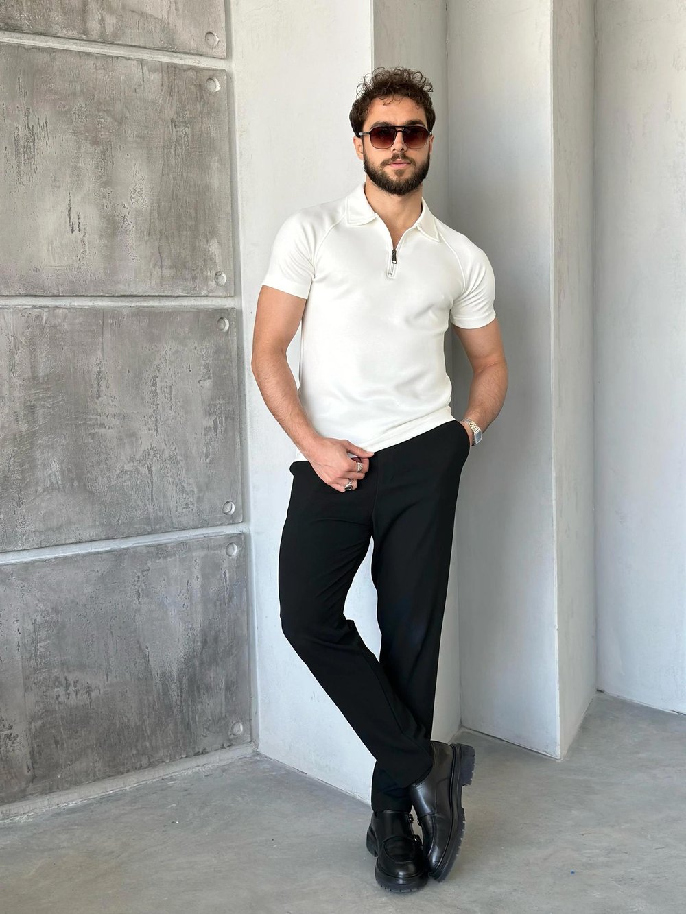 TR1314 Reglan Kol Modal Kumaş Polo Yaka Beyaz