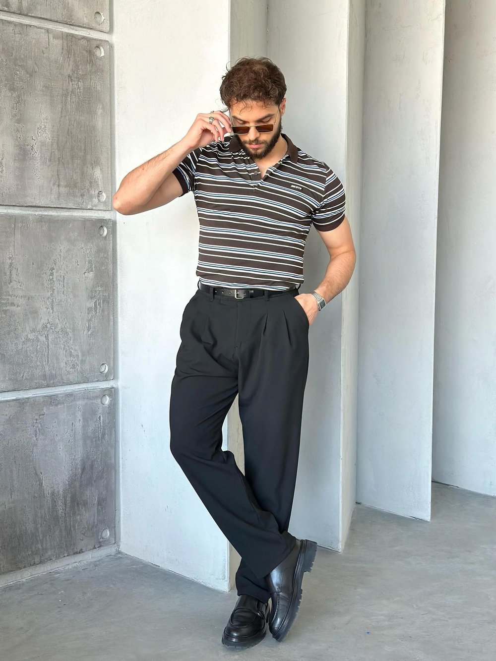 TR1315 Çizgili Polo Yaka Kahve