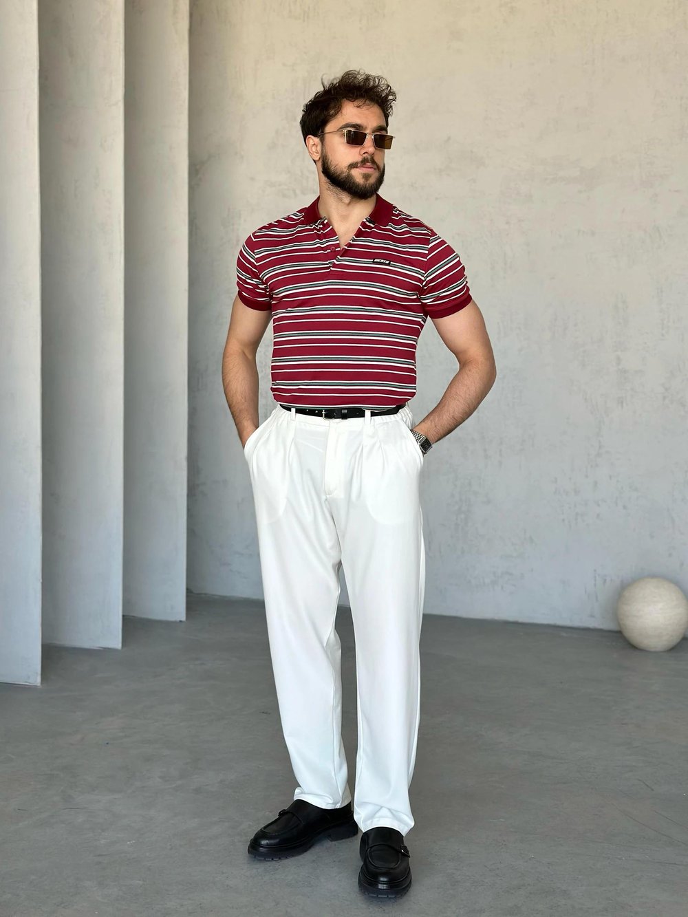 TR1317 Çizgili Polo Yaka Kırmızı