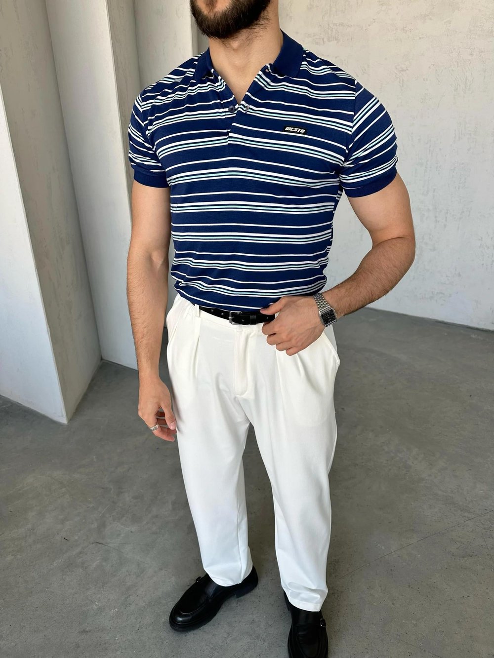 TR1318 Çizgili Polo Yaka Mavi