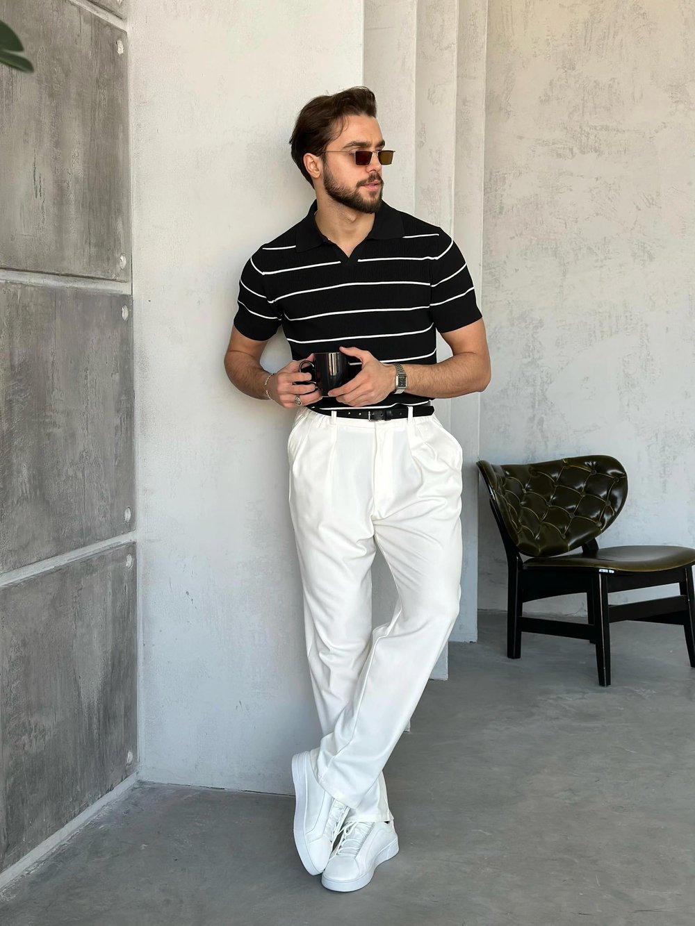 TR270112 Çizgili Polo yaka triko SİYAH V