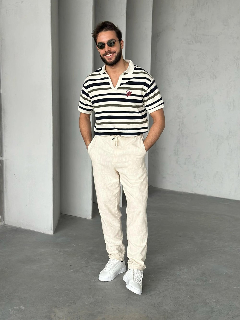 TR56493 Polo Yaka Örme Triko Ekru Lacivert 