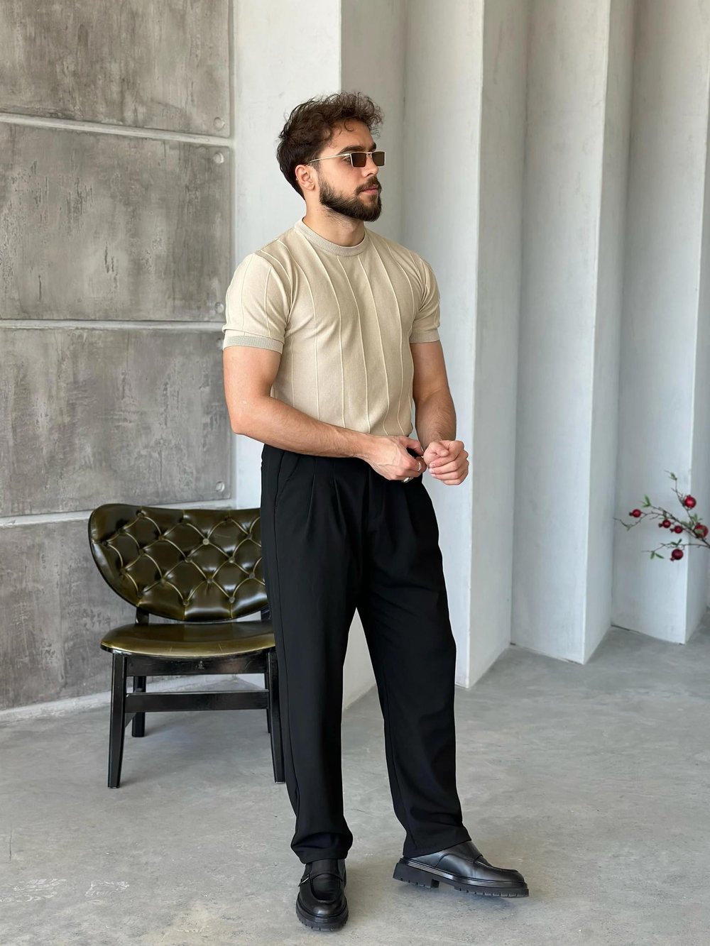 TR6501 Çizlili Basic Triko Bej