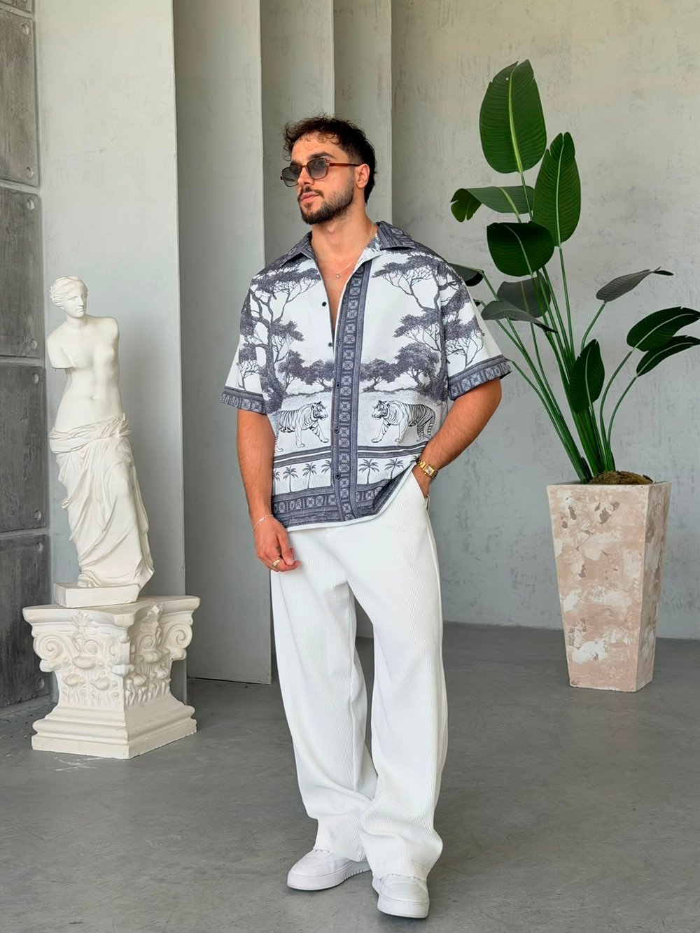 White Tiger  Desenli Dubble Hürrem Kumaş Oversize Gömlek 