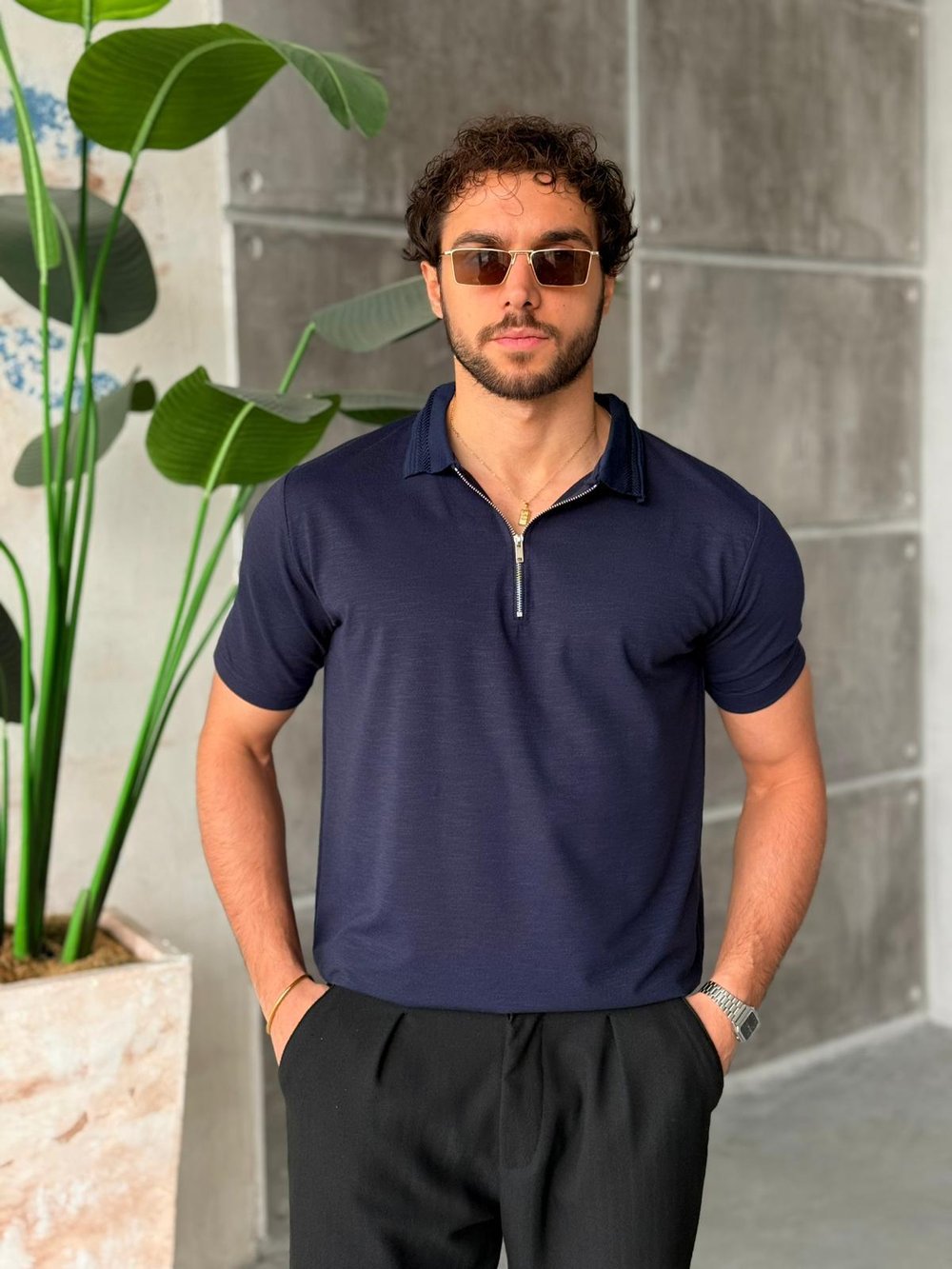 Yaka Detaylı Polo Yaka M - Lacivert