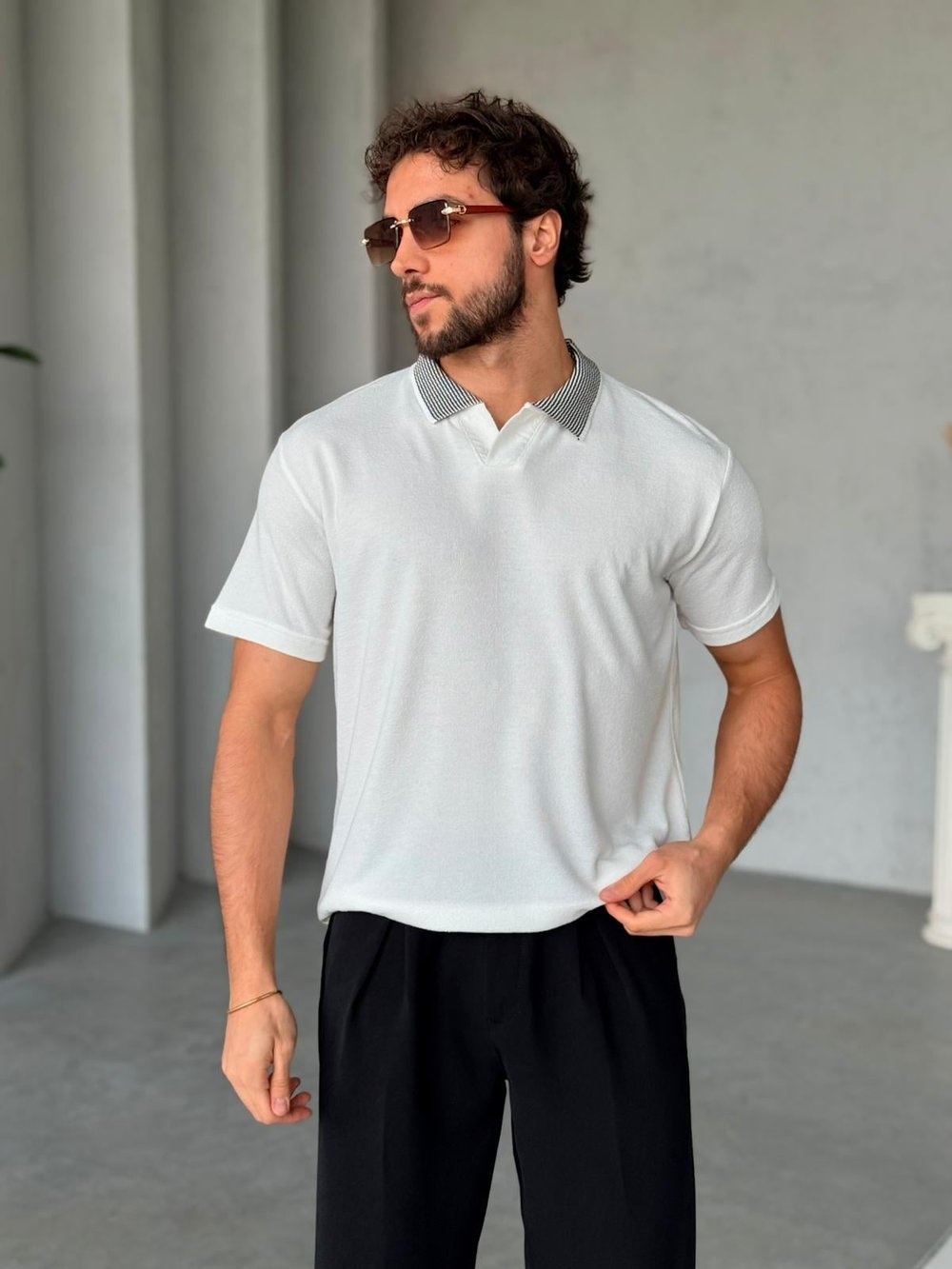 Yaka Detaylı Polo Yaka Triko M - Beyaz