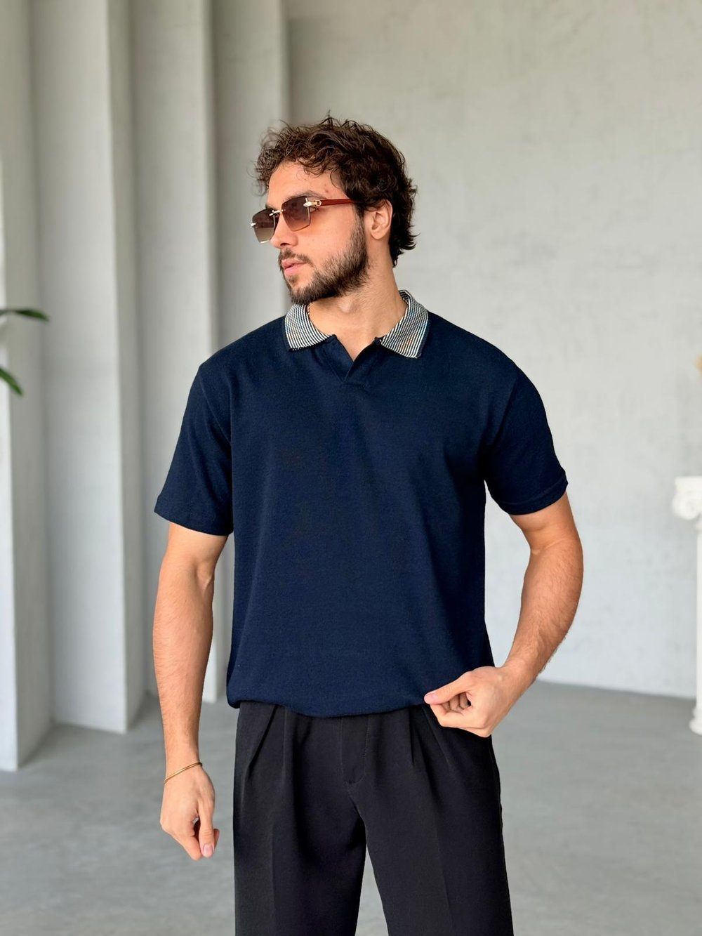 Yaka Detaylı Polo Yaka Triko M - Lacivert