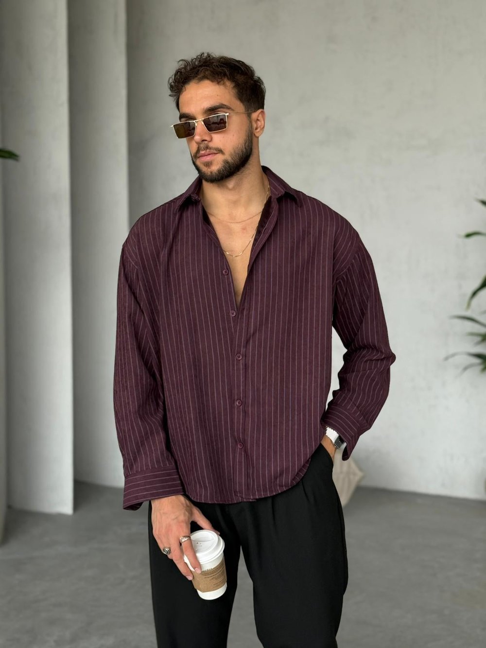 YIKAMALI DİK ÇİZGİLİ MODAL KUMAŞ GÖMLEK BORDO