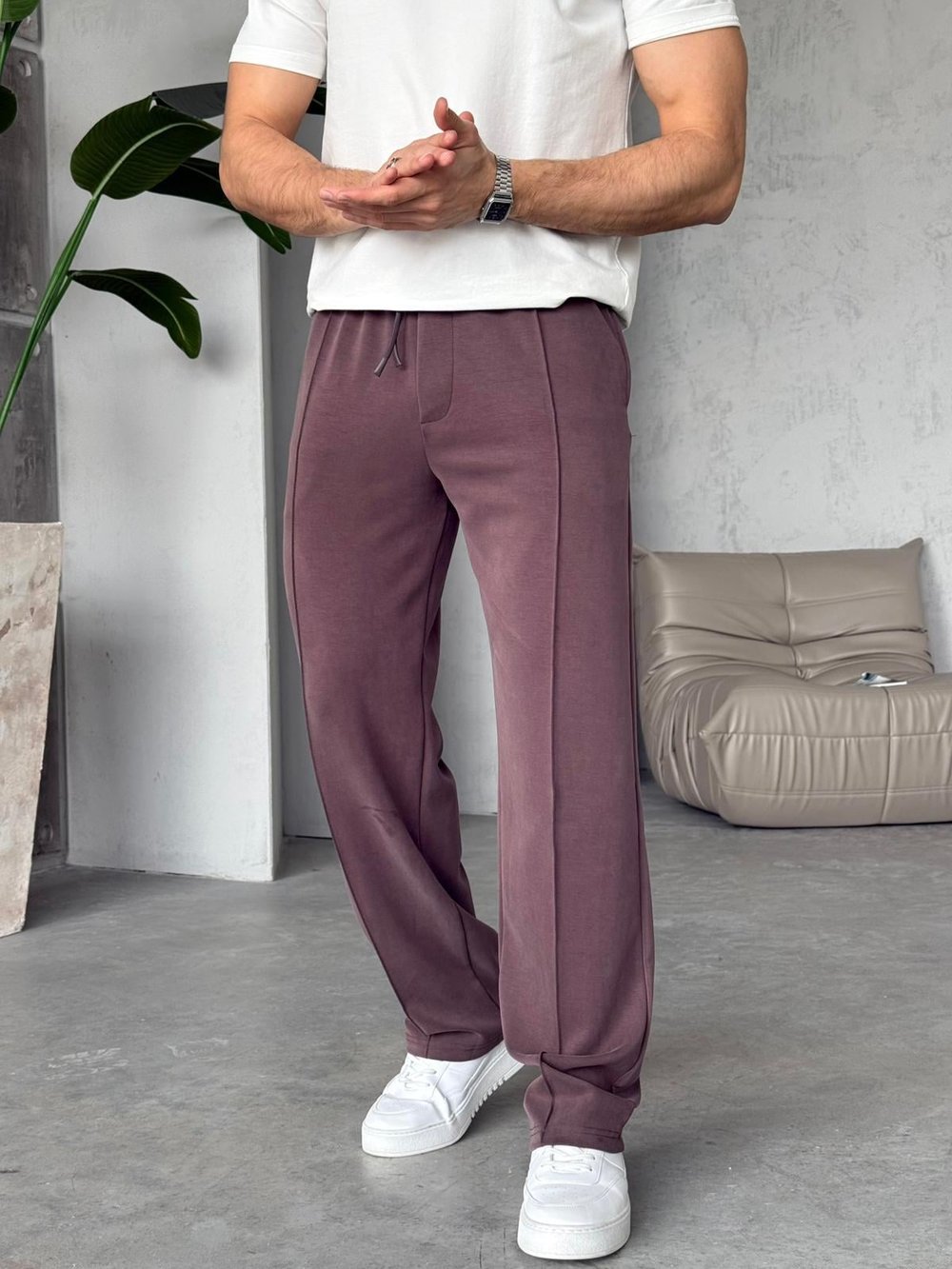 Yıkamalı Oys Kumaş Çizgi Jogger Pantolon Y - Kahverengi