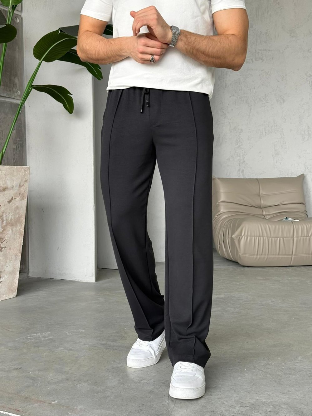 Yıkamalı Oys Kumaş Çizgi Jogger Pantolon Y - Siyah