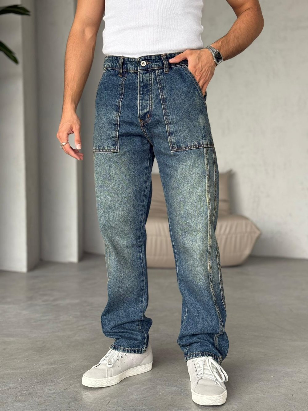 Yıkamalı Tasarım Çift Şeritli Baggy Kot Pantolon