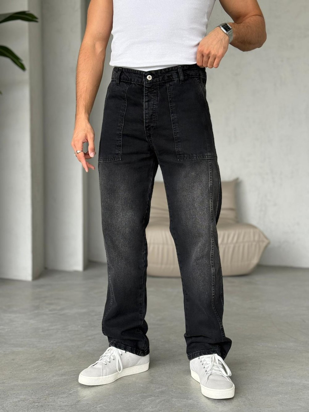 Yıkamalı Tasarım Çift Şeritli Baggy Kot Pantolon Siyah