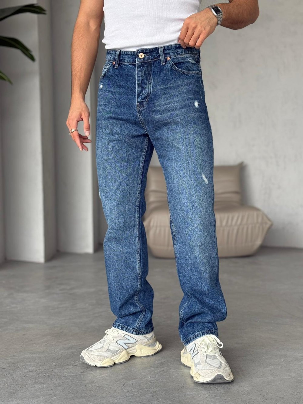 Yırtık Detay Mavi Baggy Pantolon