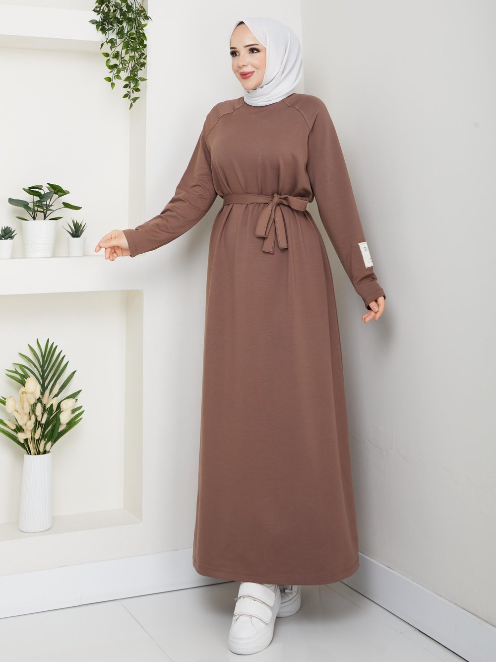 Oversize İki İplik Sweat Elbise | Kahverengi