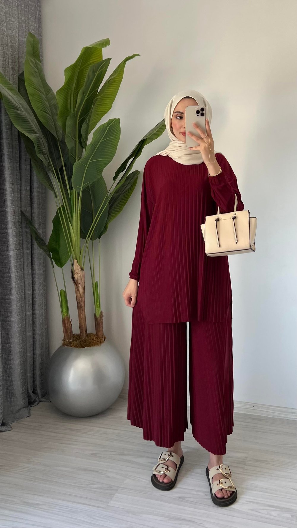 Pliseli Sandy Pantolon Takım | Bordo