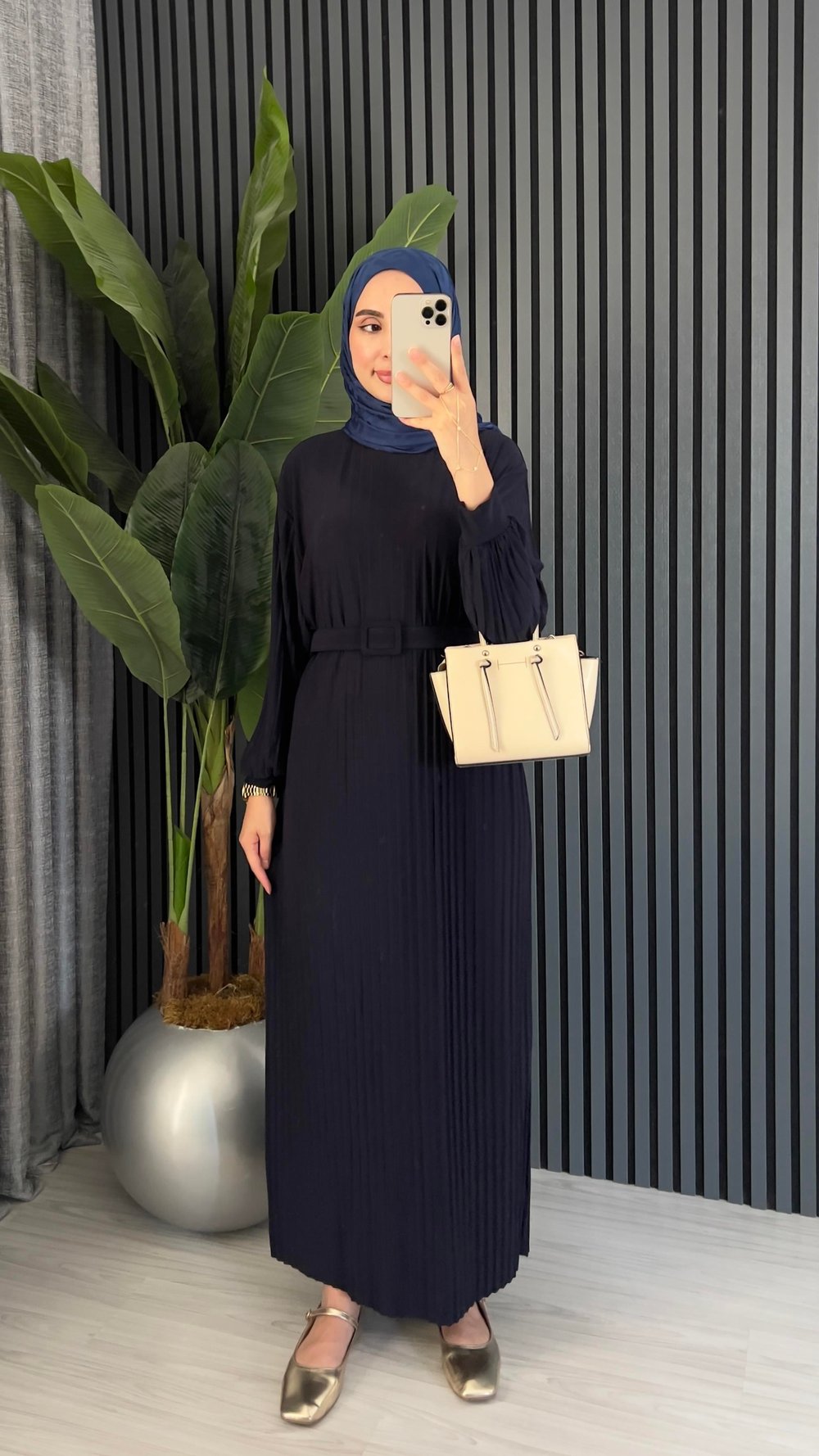 Sandy Pliseli Kemerli Elbise | Lacivert