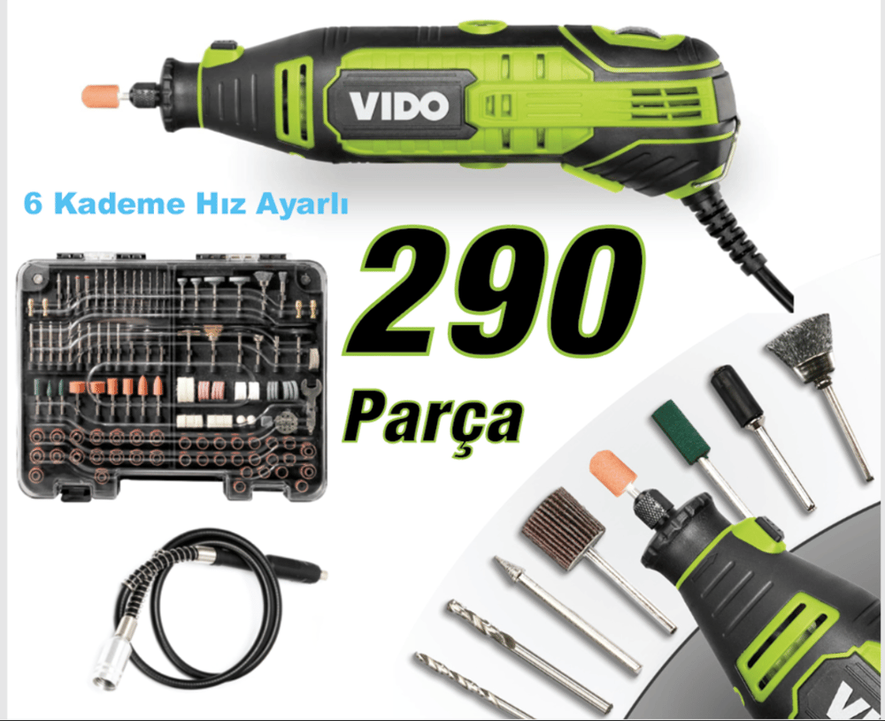 Vido  Elektirkli Mini Taşlama Seti 290 Parça 6 Kademe Hız Ayarı 8000--33.000 Rpm