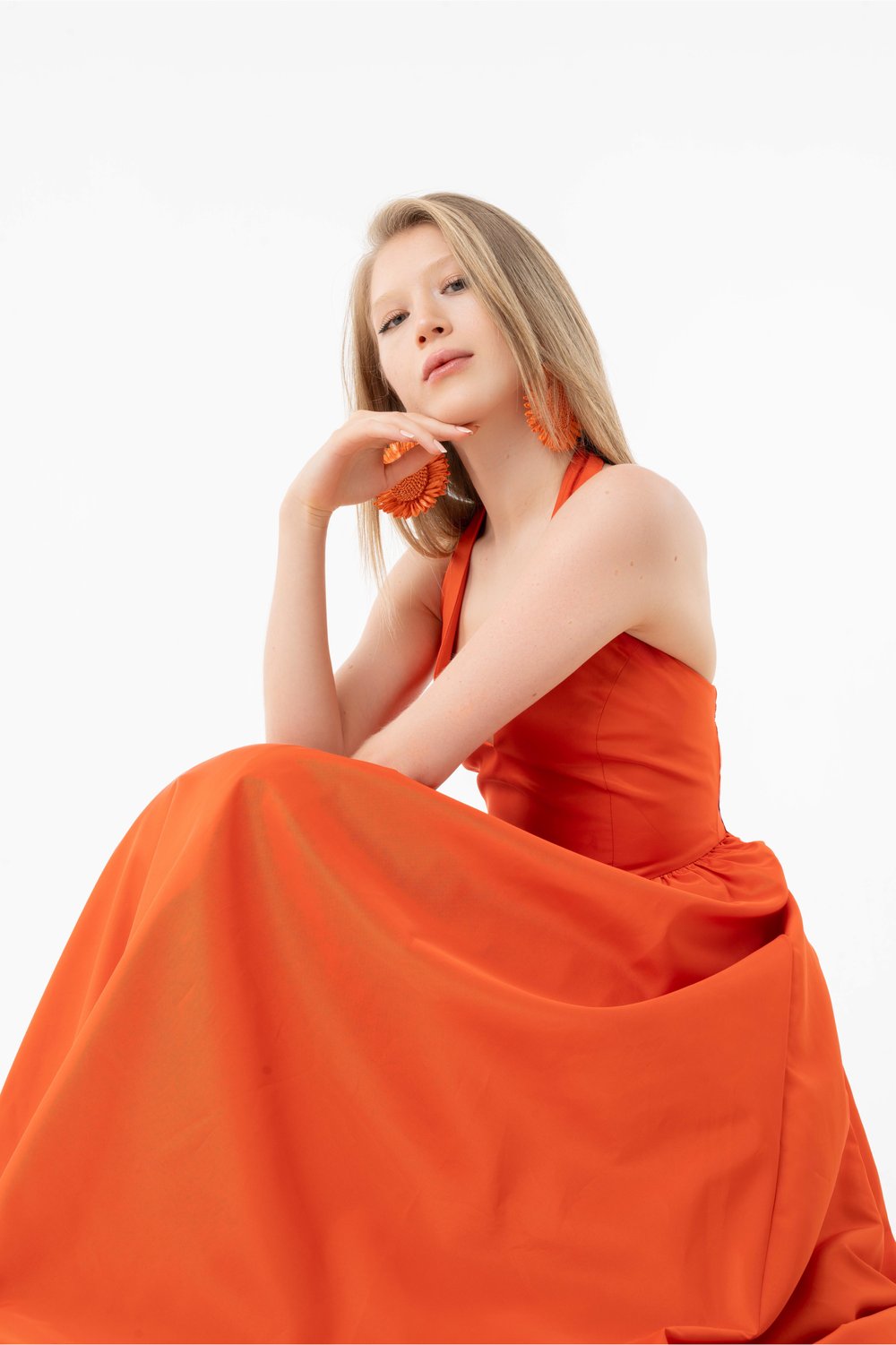 Rosalie Halter Yaka Midi Elbise Oranj