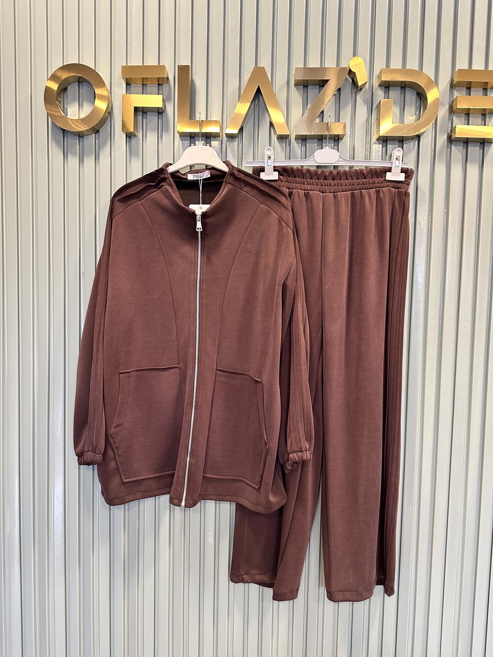 Boydan Fermuarlı Basic Pantolon Takımı Kahverengi 22756
