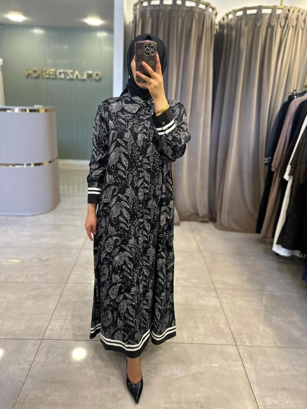 LissMore Gömlek Yaka Çiçek Desen Elbise Siyah 5864