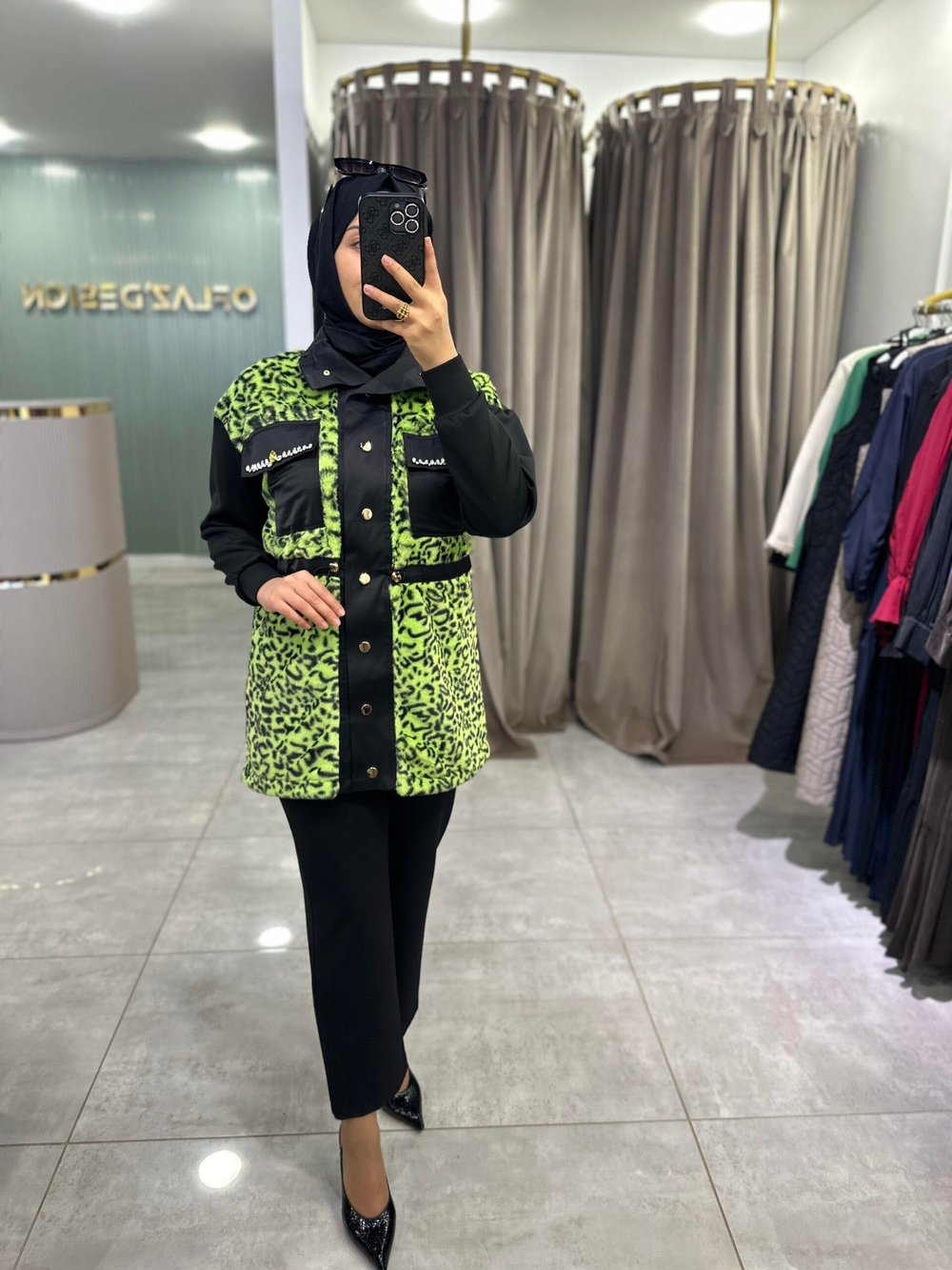Missemramiss Kürklü Leopar Ceket Yeşil Desenli 4663 