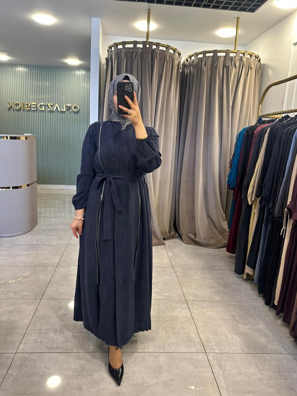 Misswhence Fermuar Detaylı İpek Ferace Lacivert 39501