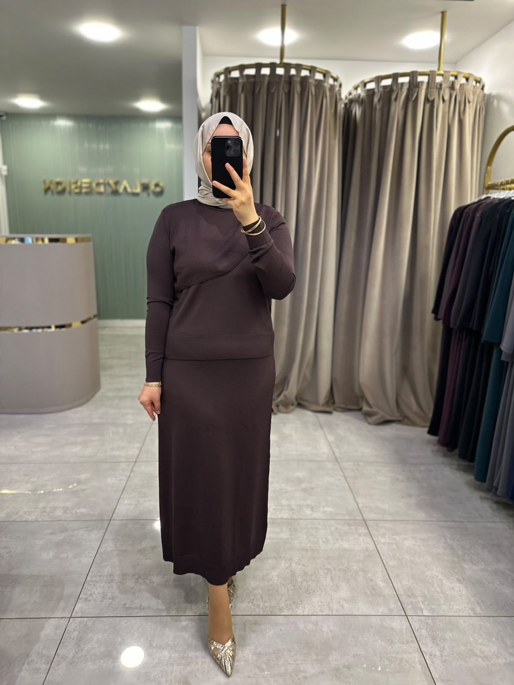 Nuss Çapraz Dikiş Basic Triko Etekli Takım Kahverengi 27K 705