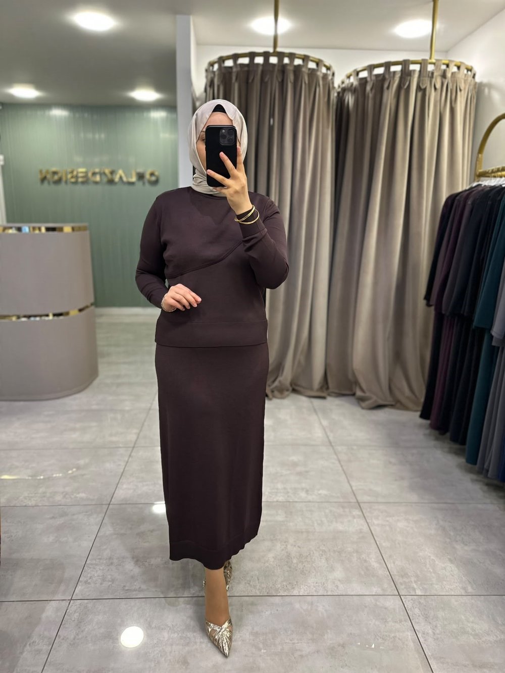 Nuss Çapraz Dikiş Basic Triko Etekli Takım Kahverengi 27K 705