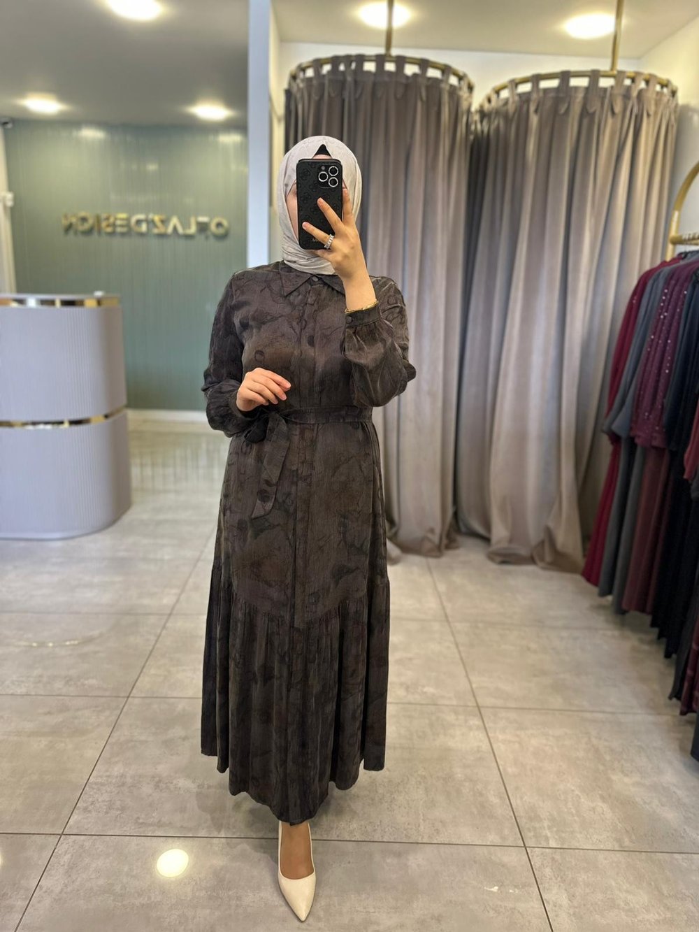 Nuss İpek Qupra Ebruli Desen Elbise Kahve 26Y 2038 