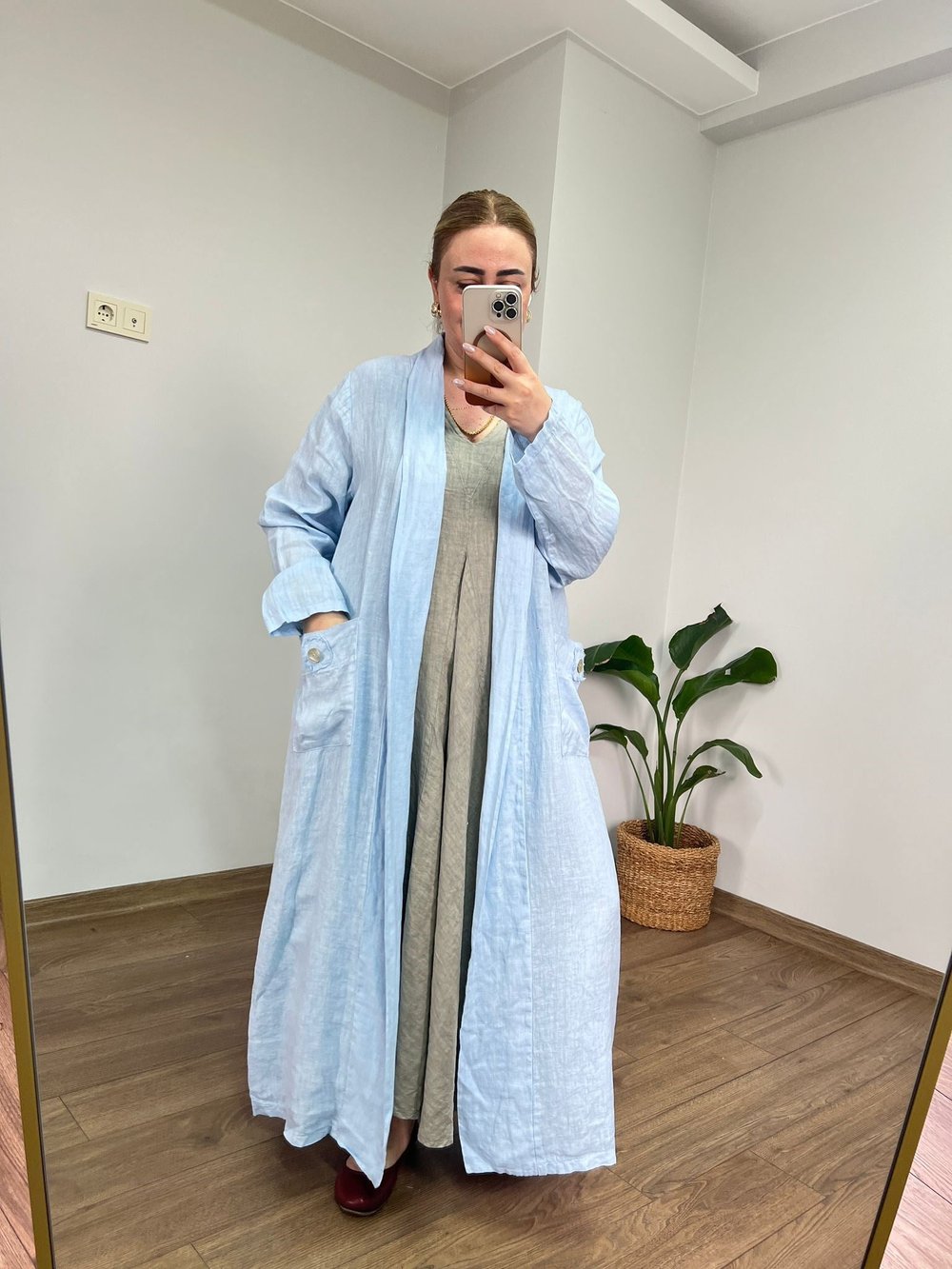 %100 Ham Keten Maxi Ceket (Bebe Mavi) 