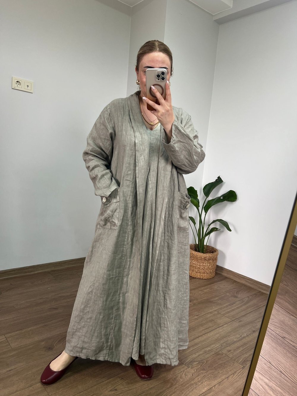 %100 Ham Keten Maxi Ceket (Vizon) 