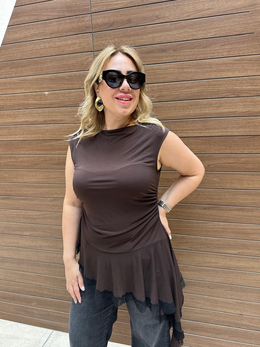 Asimetrik Dantelli Tasarım Bluz (Acı kahve) 