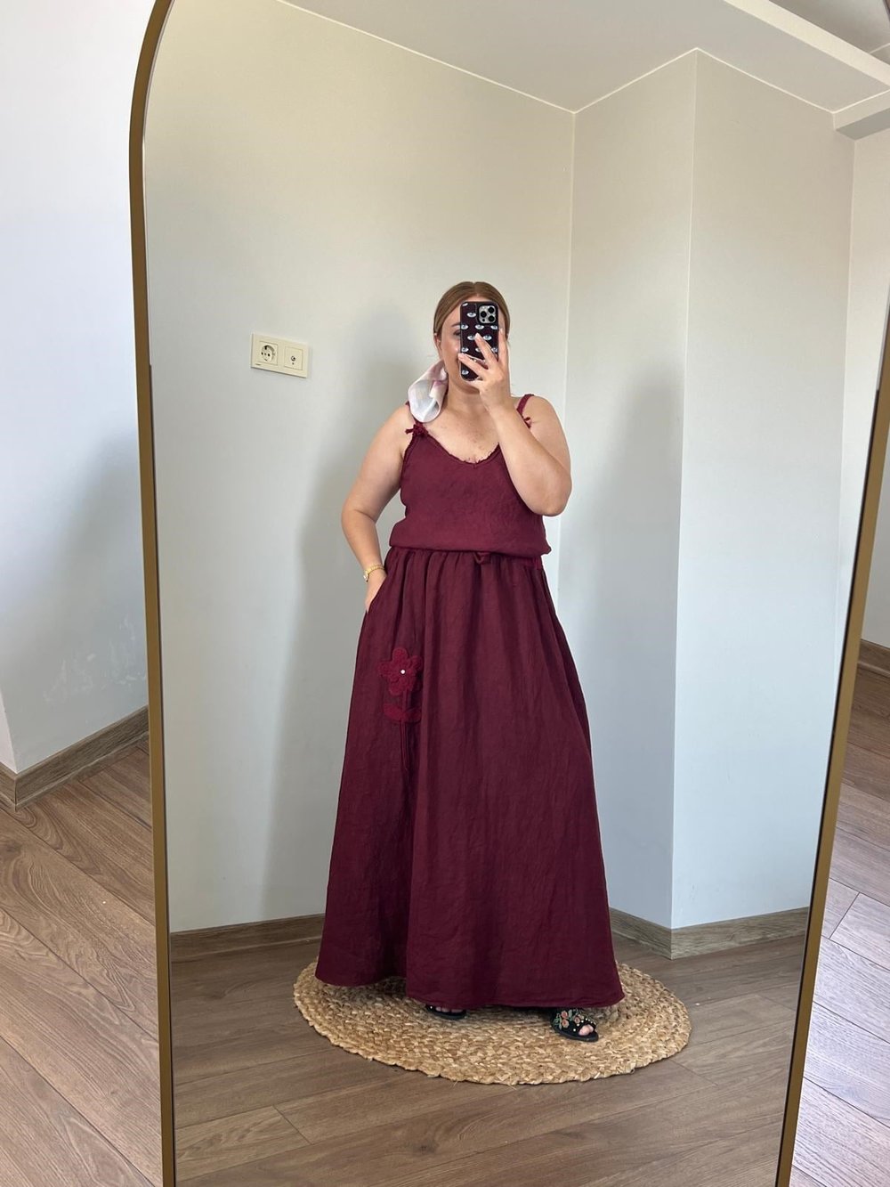 Askıları Örgü Detaylı İtalyan Keten Atlet (Bordo) 