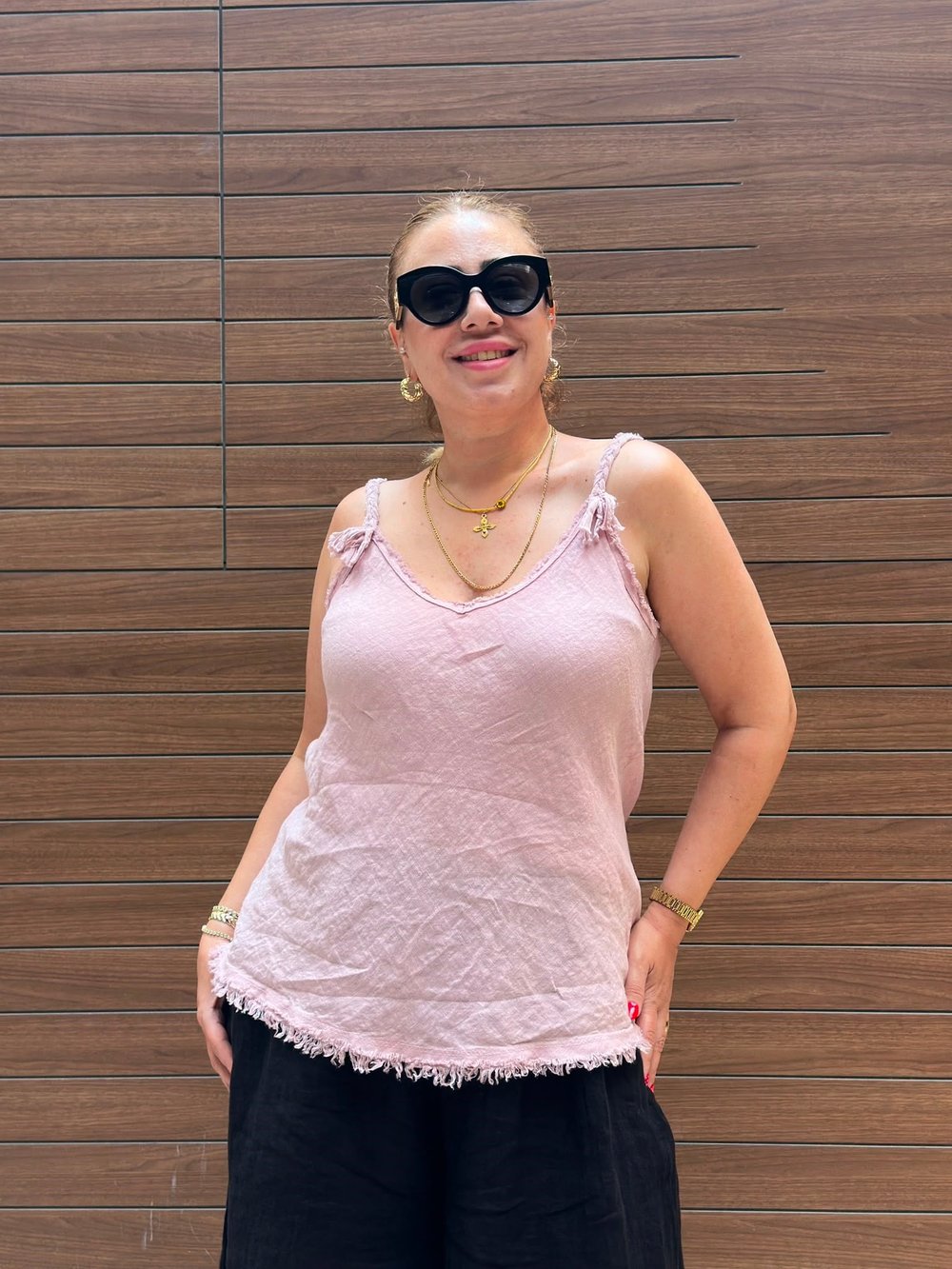 Askıları Örgü Detaylı İtalyan Keten Atlet (Pudra Pembe) 