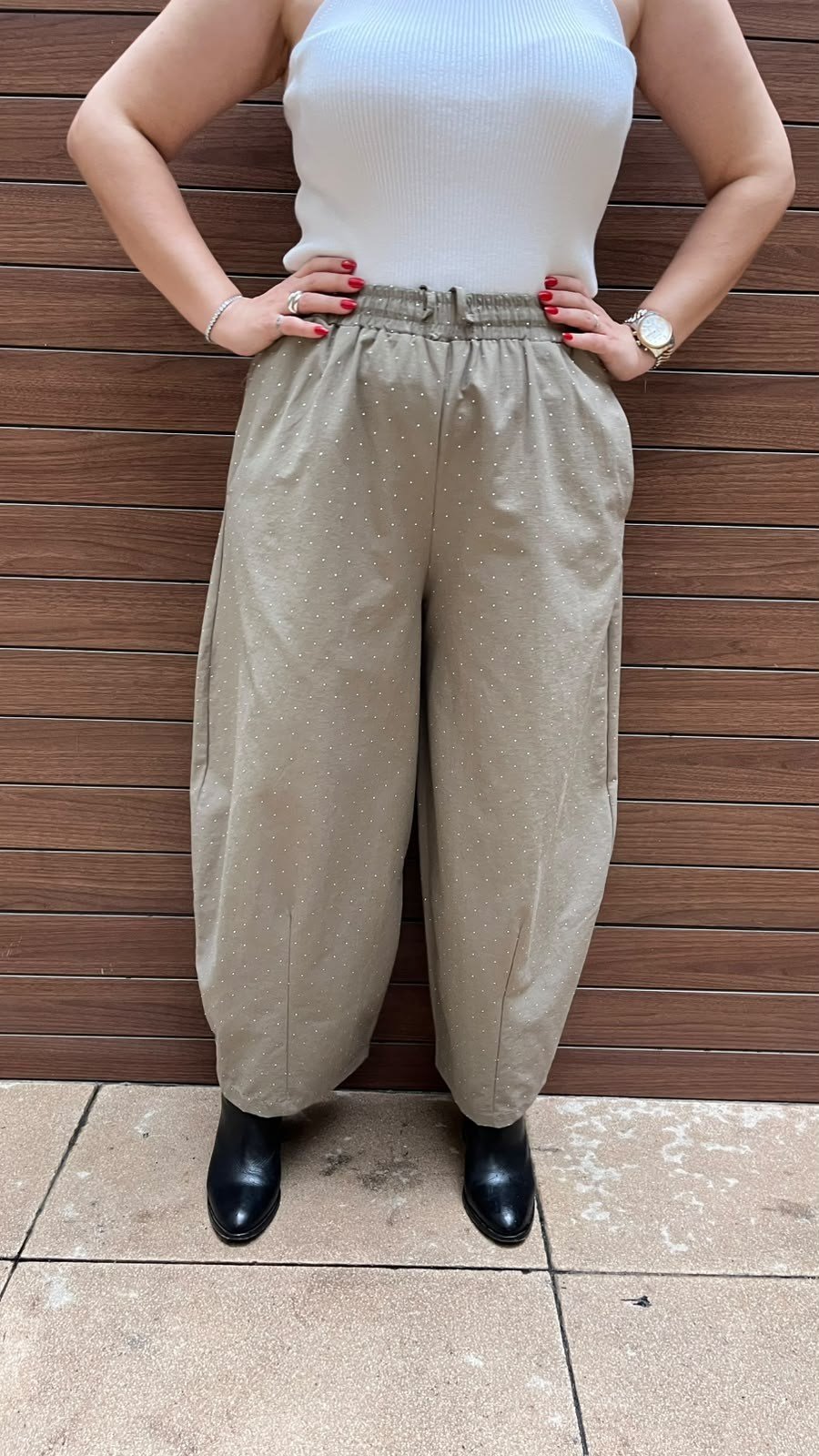 Beli Lastikli Taşlı Şalvar Pantolon (Vizon)