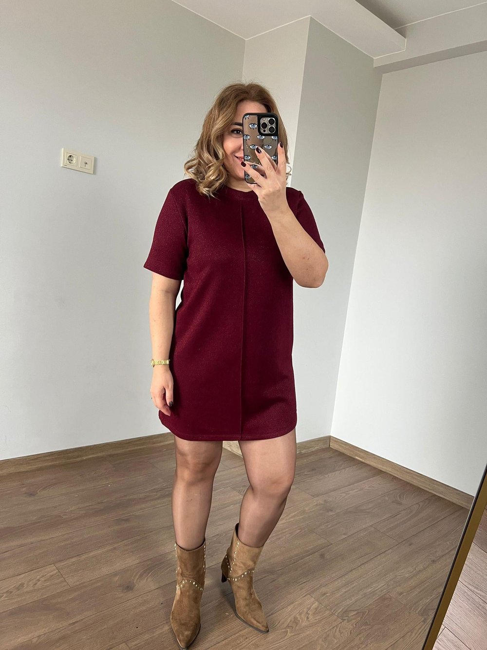 Bisiklet Yaka Parlak Triko Elbise (Bordo) 