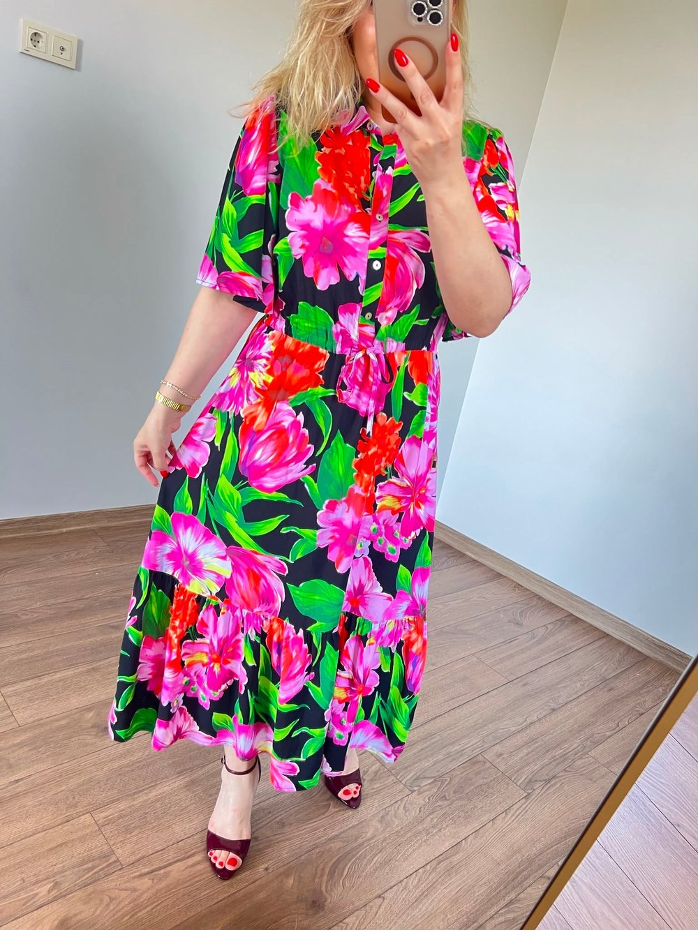 Floral Desen Yarım Düğmeli Gömlek Elbise 