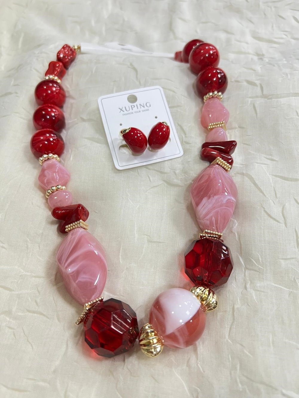 İri Taşlı Mika Kolye (Kırmızı-Pembe)