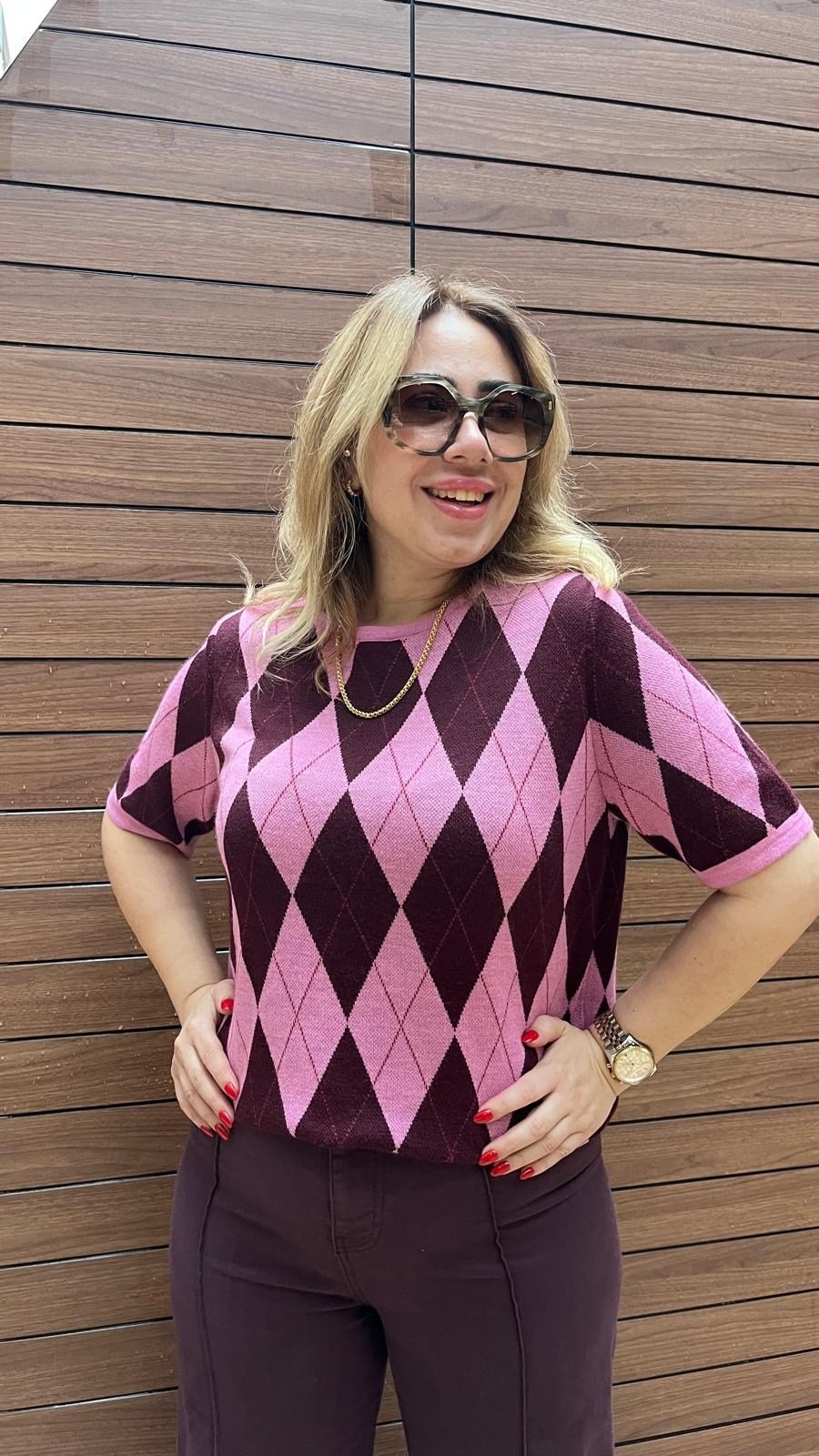 Orijinal Marka Baklava Desen Kısa Kol Bluz (Mor-pembe) 