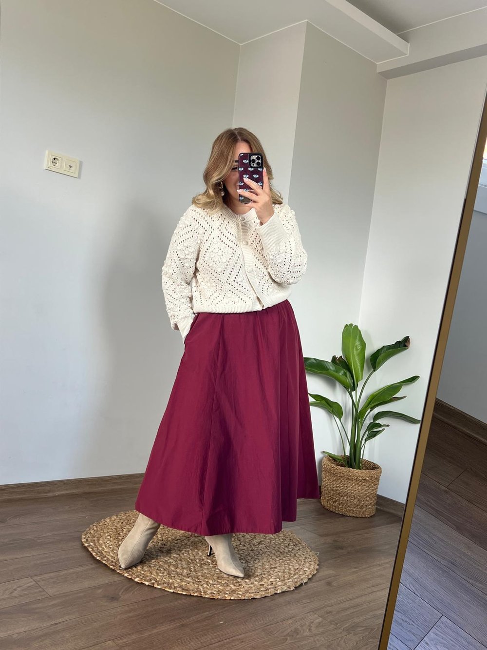 Paraşüt Kumaş Beli Lastikli Etek Bordo