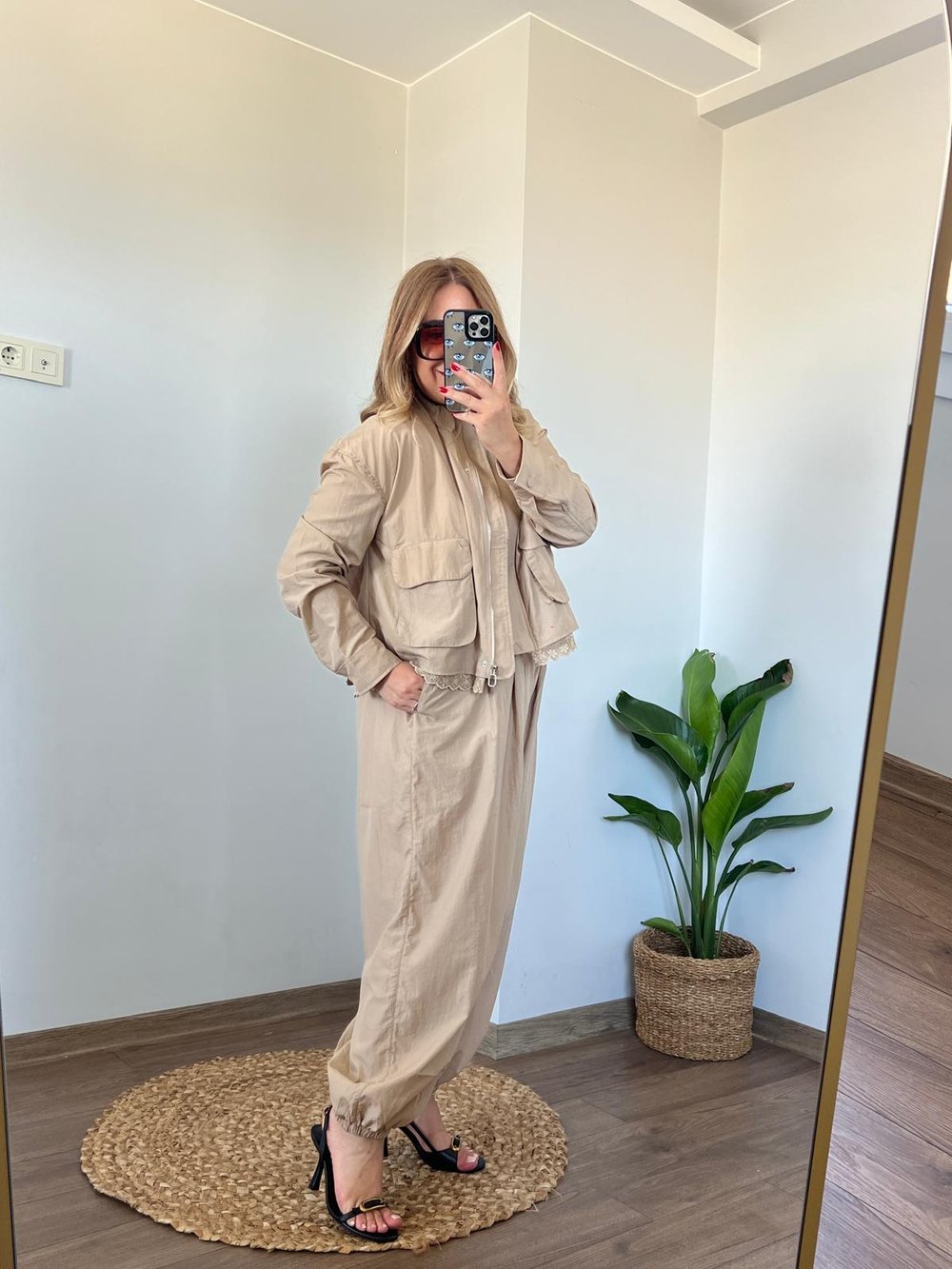 Paraşüt Kumaş Krem Pantolon